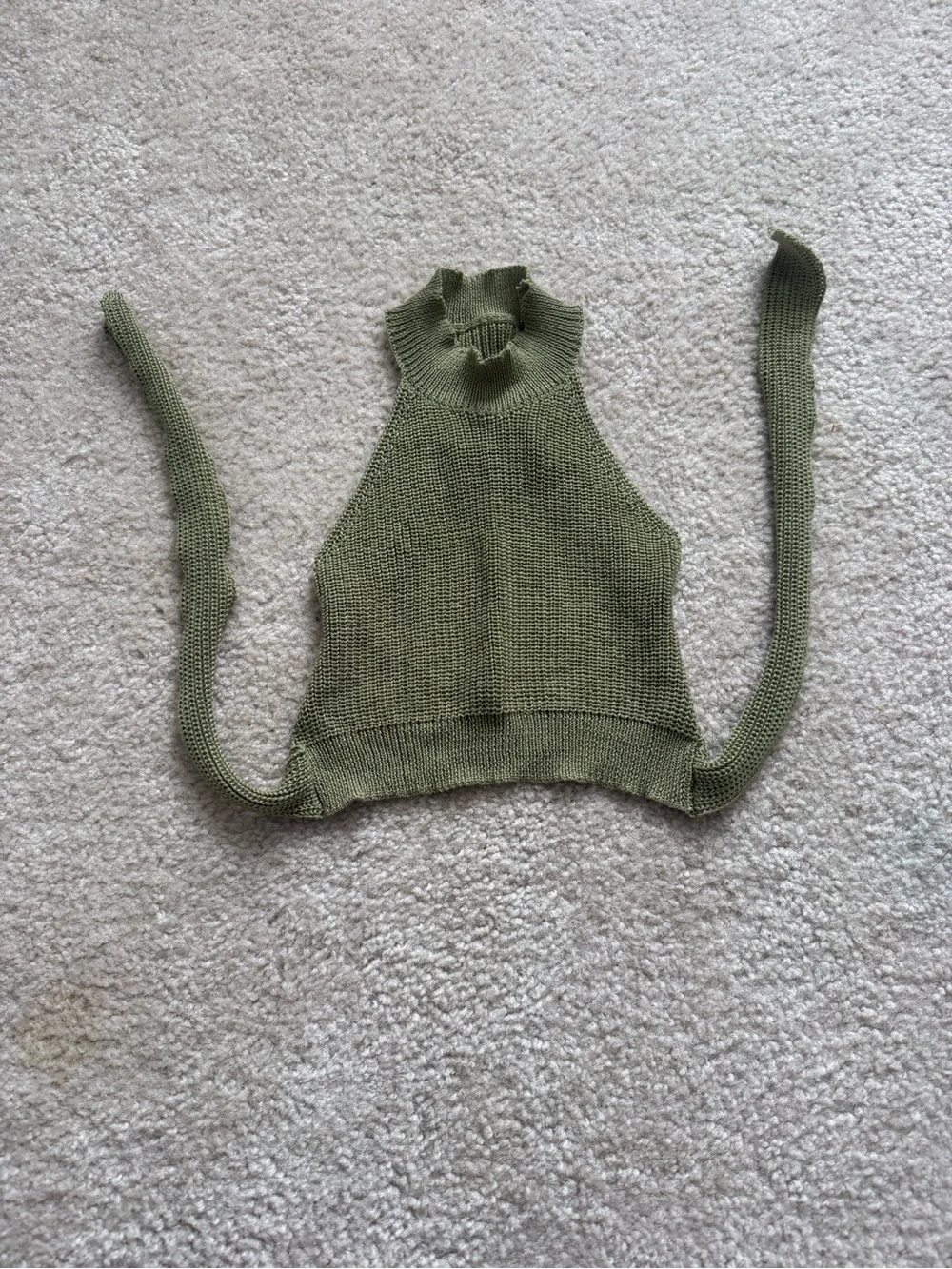 Sleeveless Knit Cowl-Neck Halter Top in Olive Green
